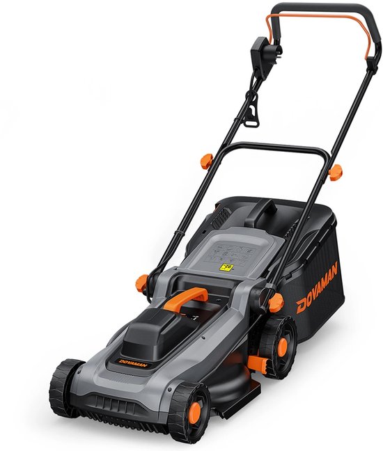 Grijze en oranje elektrische grasmaaier met opvangbak.