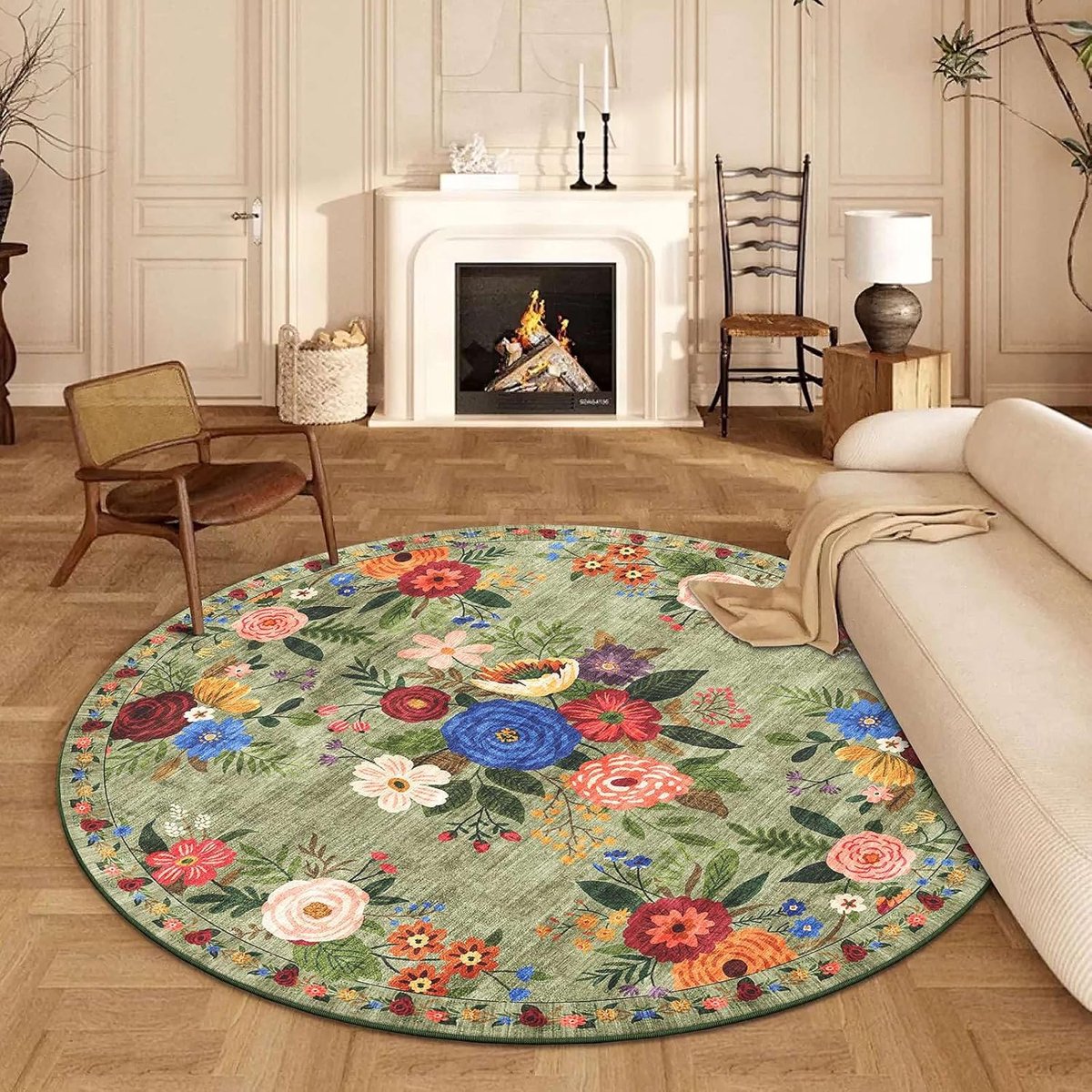tapijt, 160 cm, wasbaar en antislip, zacht laagpolig, rond tapijt, vintage bloemen, boho-patroon, voor woonkamer, slaapkamer, kinderkamer, logeerkamer, eetkamer, kantoor, groen