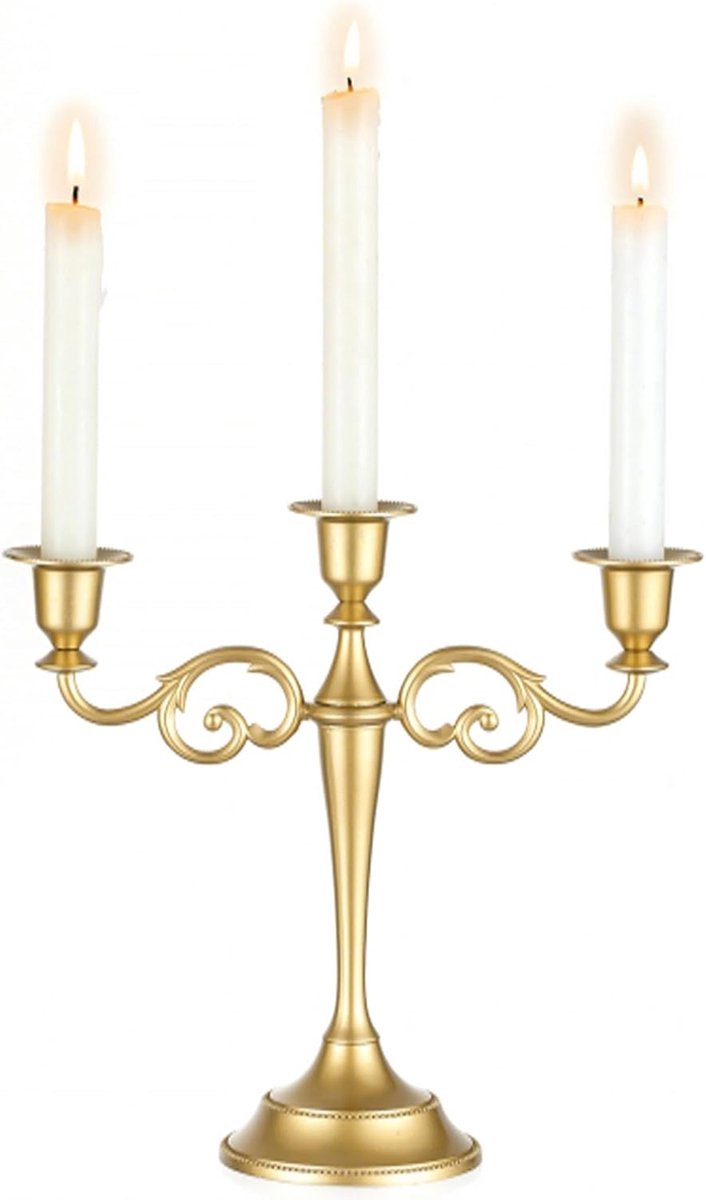 Gouden Kandelaar Centrumstuk: 3-Armige Kaarshouder voor Eettafel - Vintage Metalen Kandelaar voor Kerstmis Trouwen Sideboard Schouw Decoratie