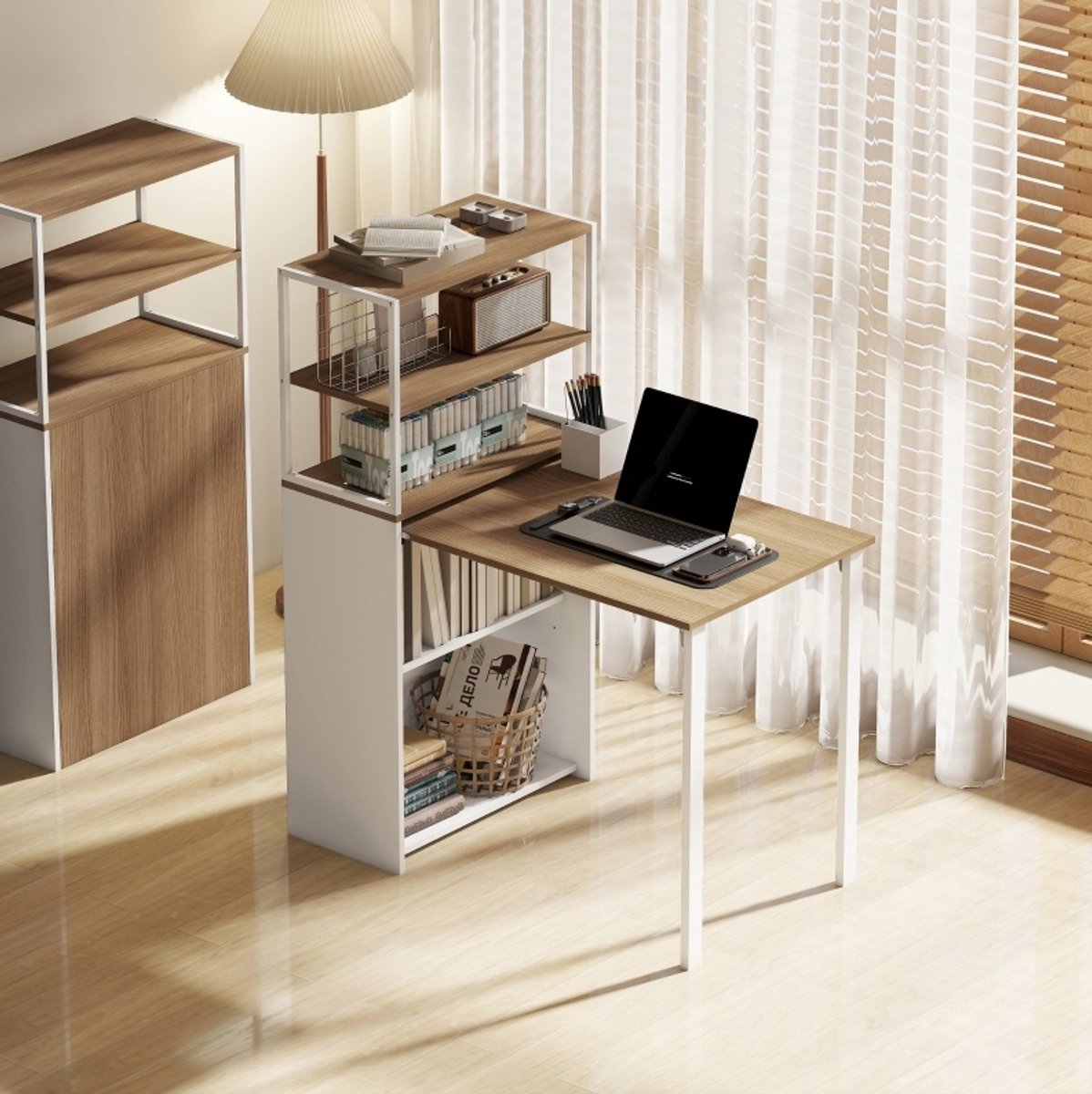 MEUNIQ opklapbaar bureau 105 x 60 x 127 cm met 4 open schappen en inklapbaar ontwerp, computerbureau en werktafel voor thuiskantoor in naturel
