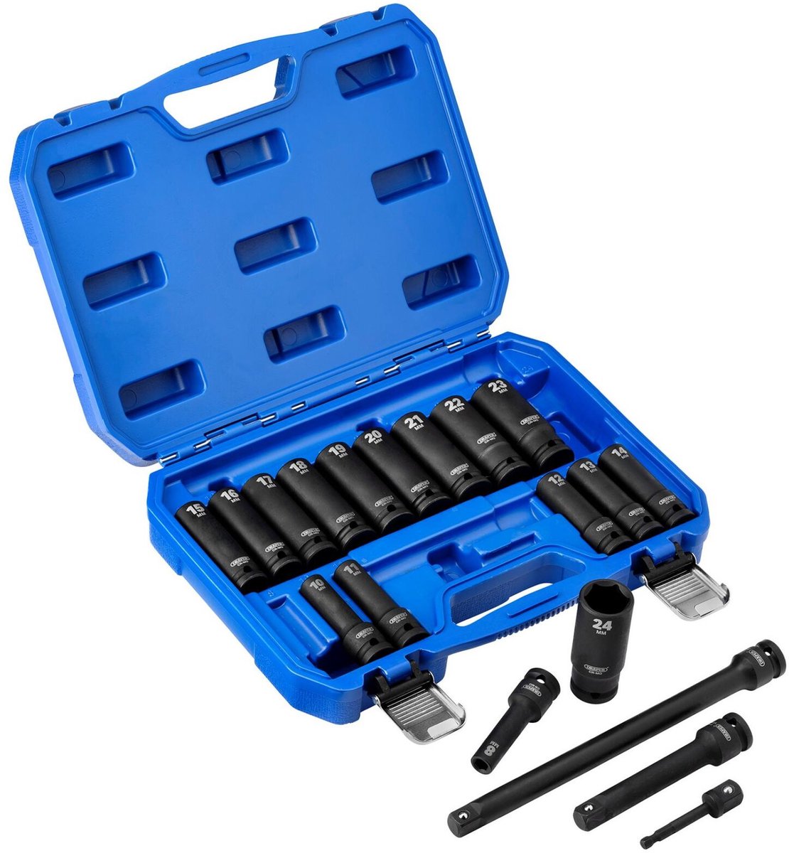 Draper Tools 1/2" lange krachtdoppenset inclusief verlengstukken en adapters, 19-delig