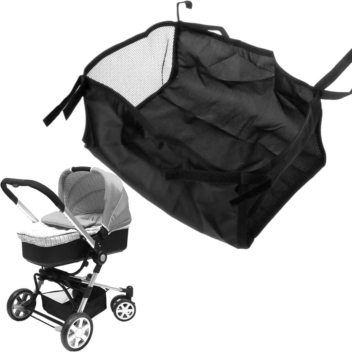 Mand voor kinderwagen, buggy, universele opbergtas, kinderwagenaccessoires, kinderwagen organizer, Oxford-tas, netopbergmand, kinderwagenmand onderaan