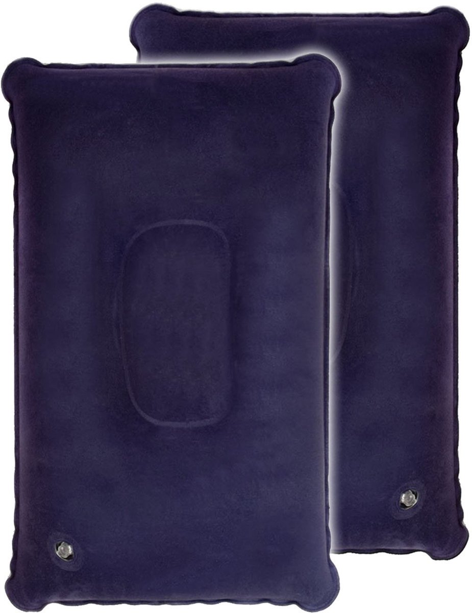 2 x opvouwbare en opblaasbare reiskussen, blauw, 38 x 25 cm, set van 2