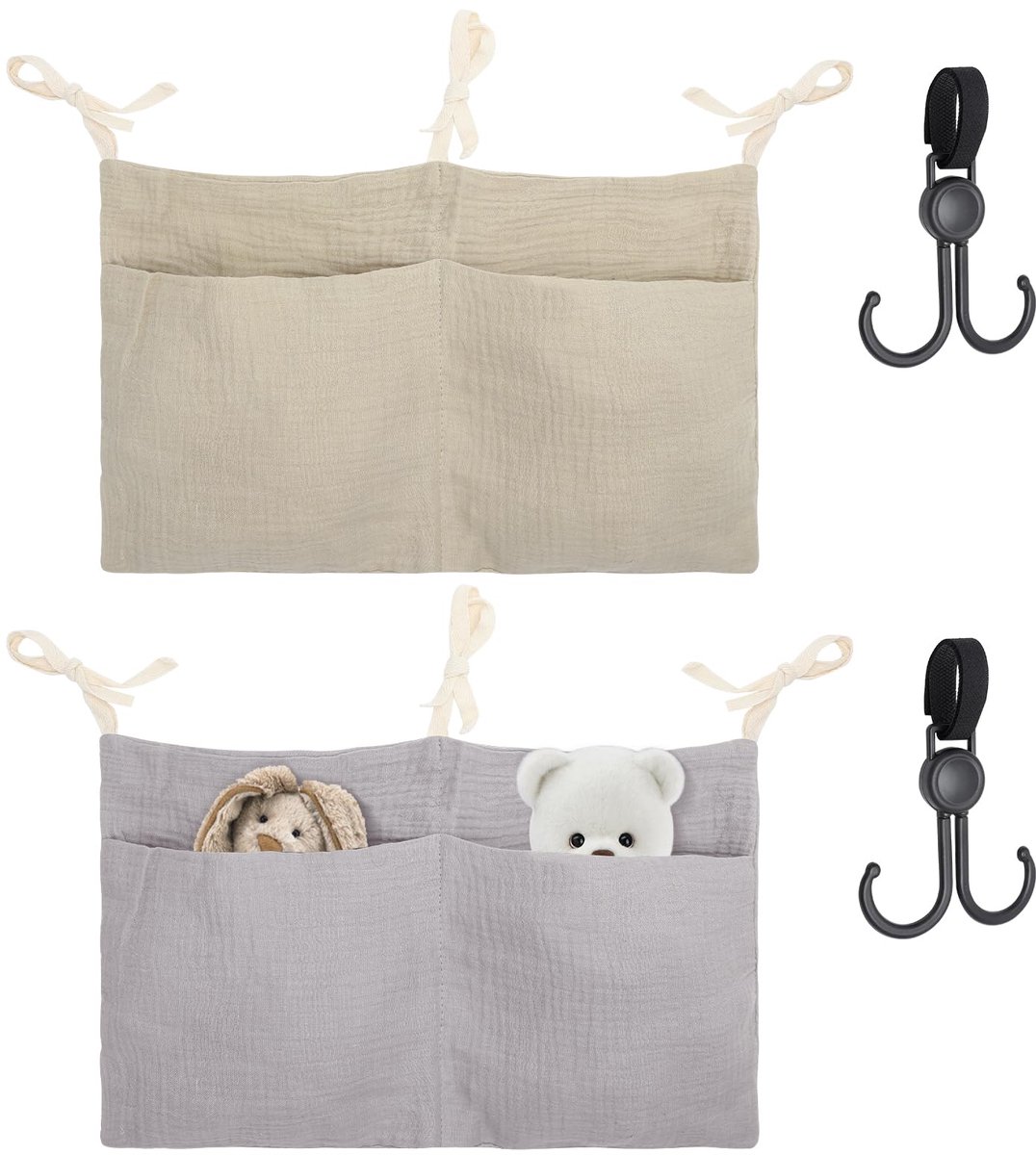 Hangende babybedorganizer, 2-delige set, 2-delige organizer voor babybed, bijzetbed, kinderbed met haken, dubbele tas voor luiers, speelgoed, accessoires, ruimtebesparend en stijlvol
