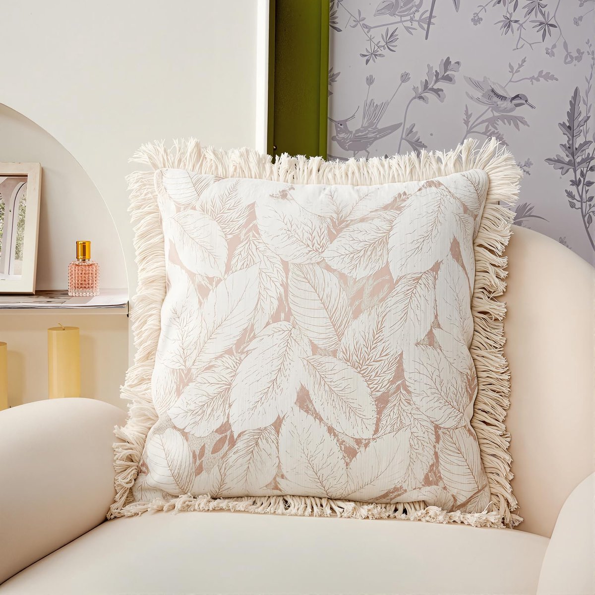 kussensloop 45 x 45 cm - Boheemse blad franje decoratieve sierkussensloop zachte kussenhoes voor bank, bed, bank woonkamer woondecoratie (kaki)