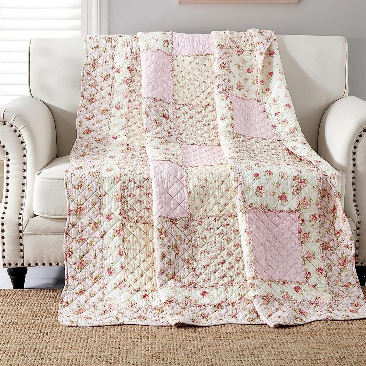 Plaid zacht 100% katoen roze bloemen patchwork quilt 150x200 cm decoratieve bank/sofa overtrek