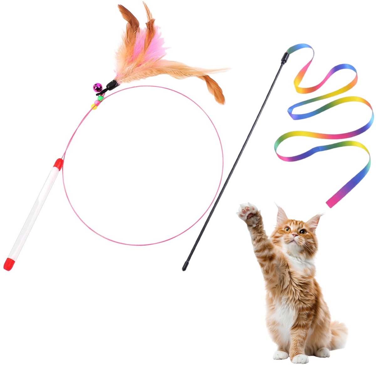 1 stuks kattenspeelgoedstick, 1 stuk grappige kattenriemstick, veerbel, grappige kattenstok, lange pool, kattentrainer, intrekbaar grappig kattenspeelgoed