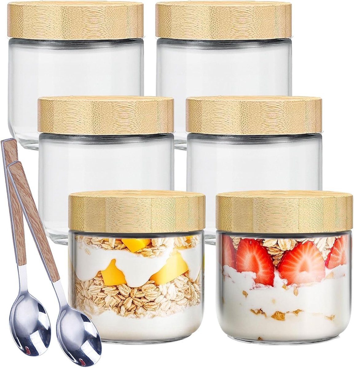 Set van 6 Canning Jars 300ml met Schroefdeksel, Ideaal voor Jam, Salades en Snacks, Inclusief 2 Lepels voor Gemakkelijk Maaltijd Voorbereiden