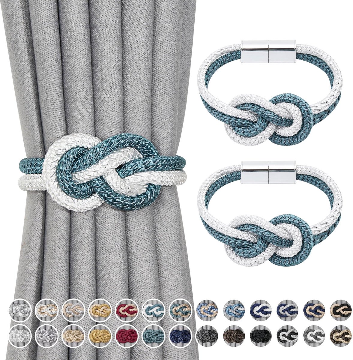 Gordijnhouders Noors Eenvoudige Stijl Elegant decoratief gordijn vouw terug voor huisraam Gordijnen, Turquoise & Wit, 2 stuks