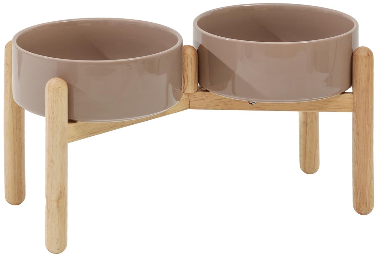 Keramische 20,8 cm verhoogde hondenbak met standaard voor honden van grote rassen, huisdiervoer en waterfeeder (dubbele kom met standaard - bruine koffie)