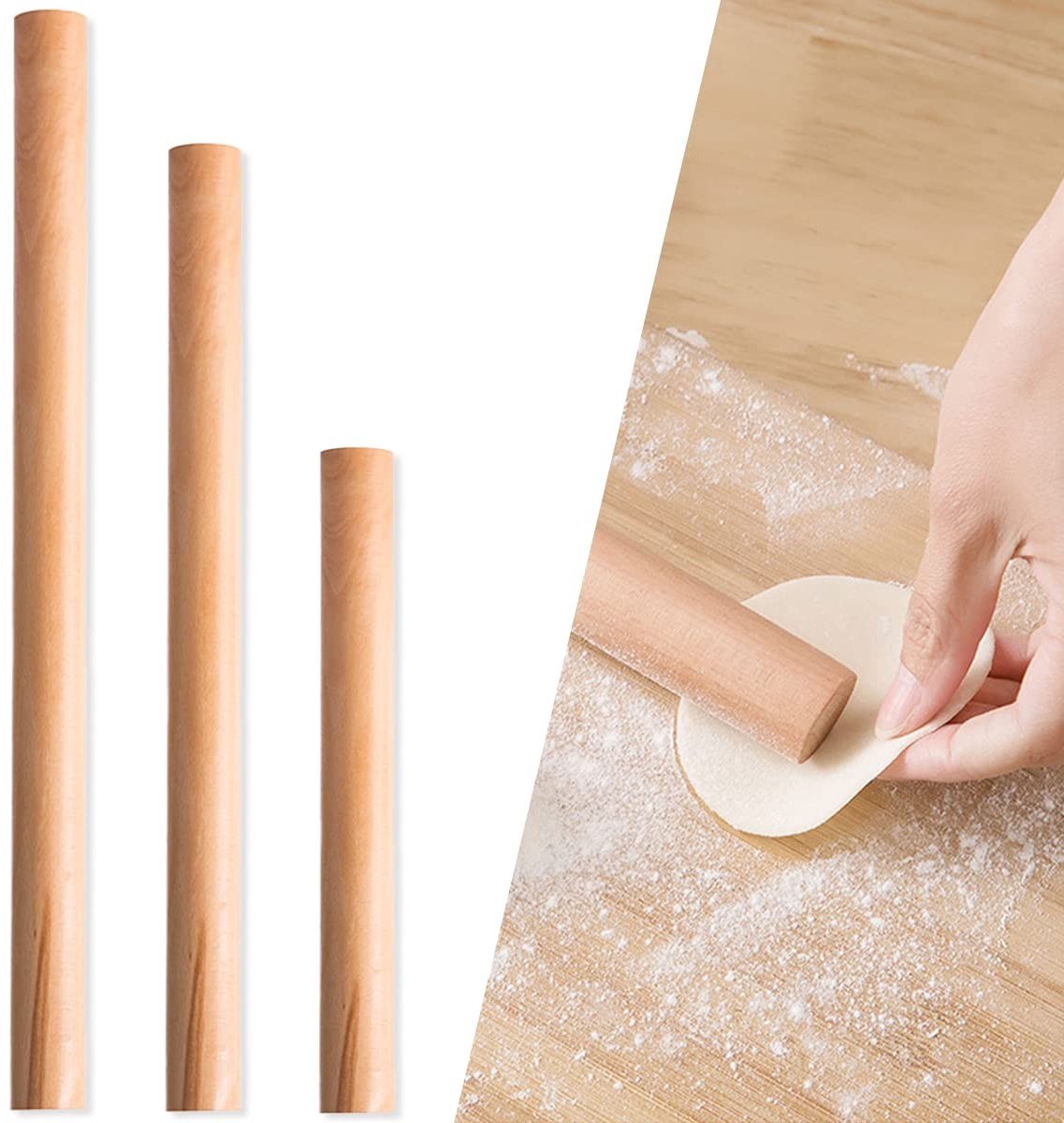 Dailygoods- Deegroller A-klasse beukenhout - 3 Stuks - Antikleef - Voor deeg/brood/pizza - Glad handvat - Eenvoudig schoon te maken - Deegroller Set