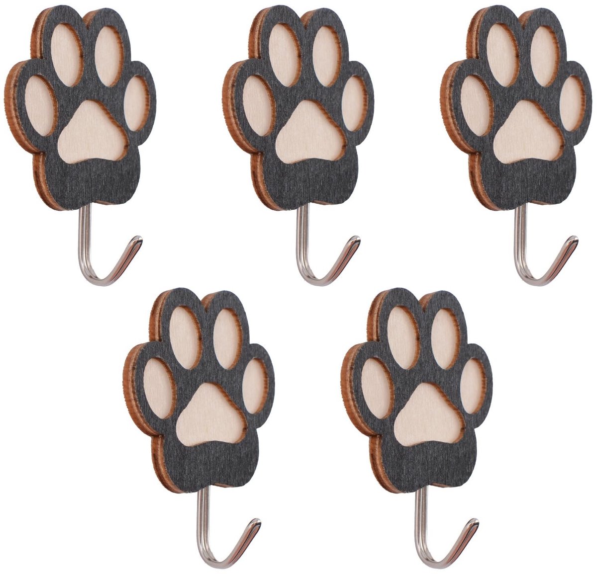 Dailygoods- Beukenhouten Haken - Zelfklevend - 5 Stuks - Hondenpoot Vorm - Decoratieve Wandhaken - Multifunctioneel - 5 x 5 cm - Wandhaak