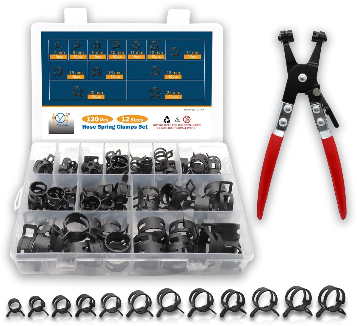 Dailygoods- Slangklemmen Assortiment 120 Stuks - Veerslang Klemmen - Slangklemtang - 7-22 mm - Vergrendelingsmechanisme - Geschikt voor Automotive - Slangklem