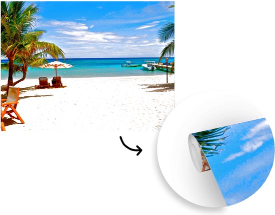 Papier peint - Papiers Papier peint photo - Les palmiers avec chaise de plage et parasol sur la plage de Bay Islands - Largeur 300 cm x Hauteur 240 cm