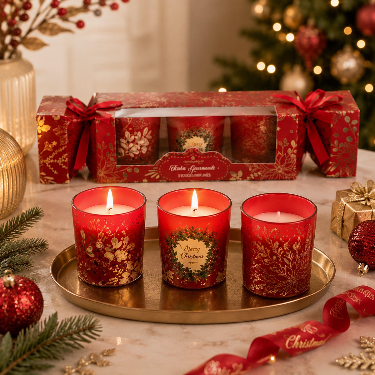 Set van 3 Kerst Geurkaarsen – Geurkaarsen in Rood Bedrukt Glas – Luxe Kerstcadeau – Kerstdecoratie – Sfeervolle Geurkaarsen voor Woonkamer – Cadeauset – Rood — cadeau in Wonen & Interieur - foto 4