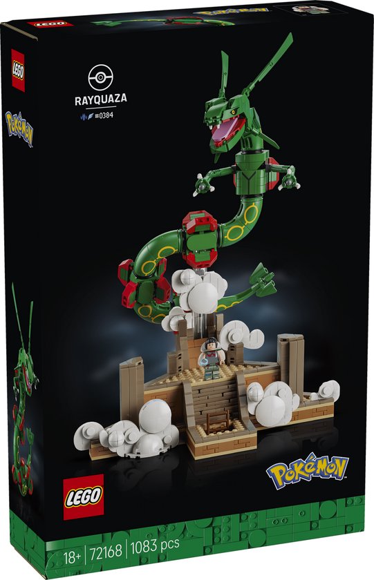 LEGO Rayquaza Pokémon bouwpakket 72168 met groene draak, bruin altaar, witte wolkjes en LEGO logo.