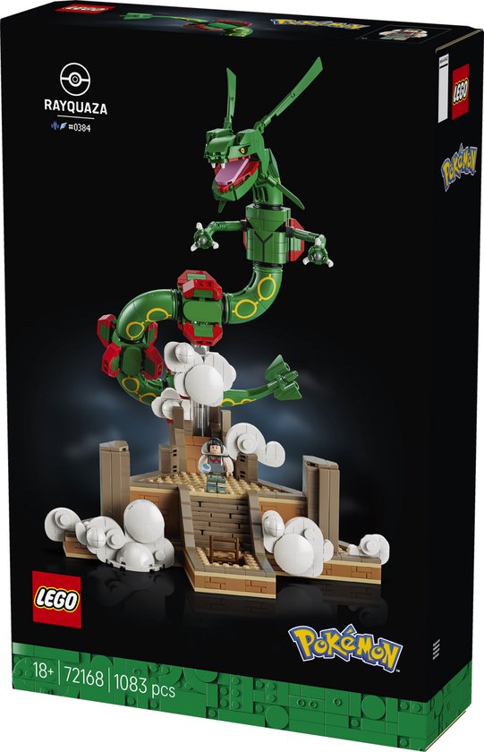 LEGO Rayquaza Pokémon bouwpakket 72168 met groene draak, bruin altaar, witte wolkjes en LEGO logo.