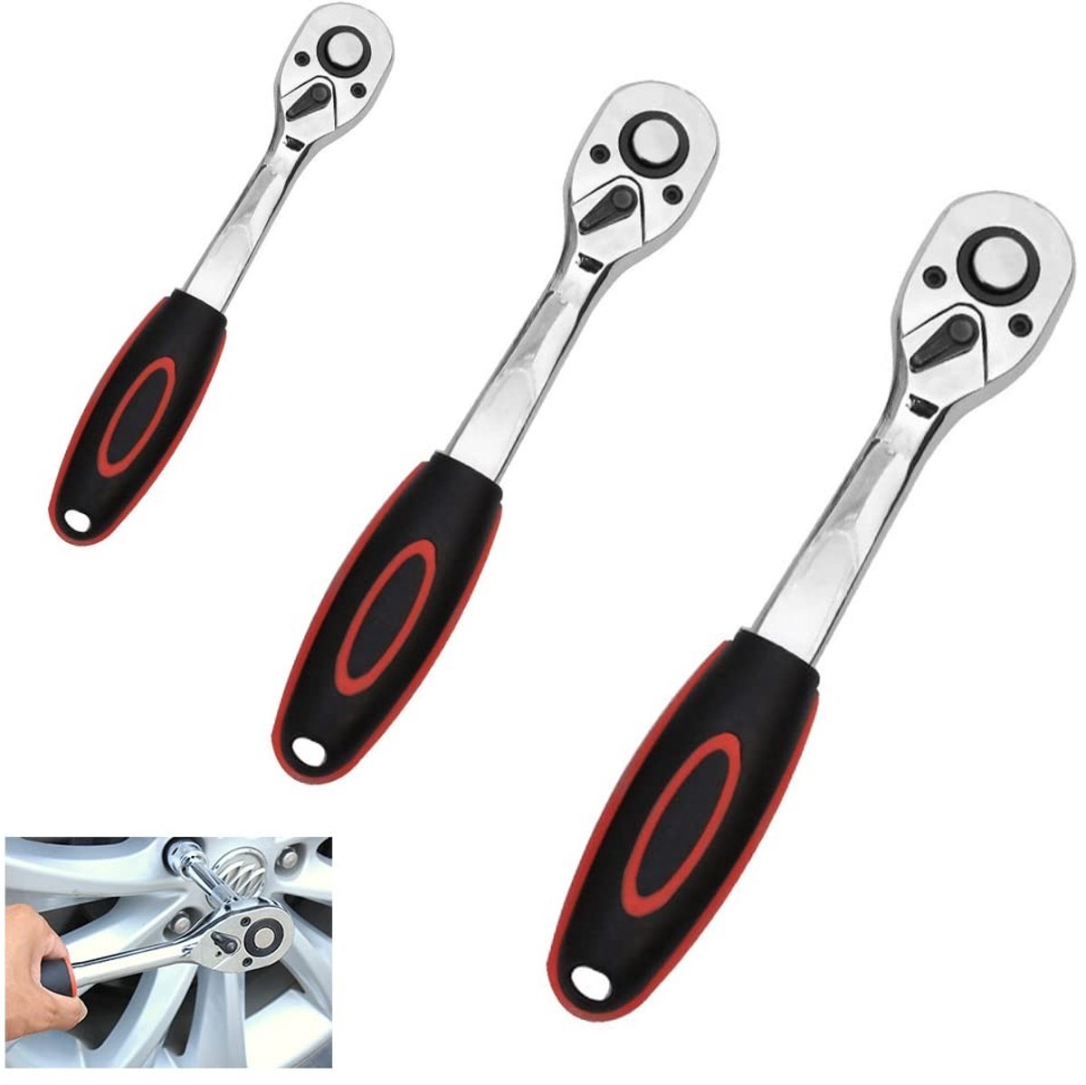 Dailygoods- Ratelset 3 Stuks - Aandrijving 72 Tanden - Ergonomische Handgreep - Chroom-Vanadium-Staal - Omschakelbare Ratel 1/4"/3/8"/1/2 - Dopsleutel