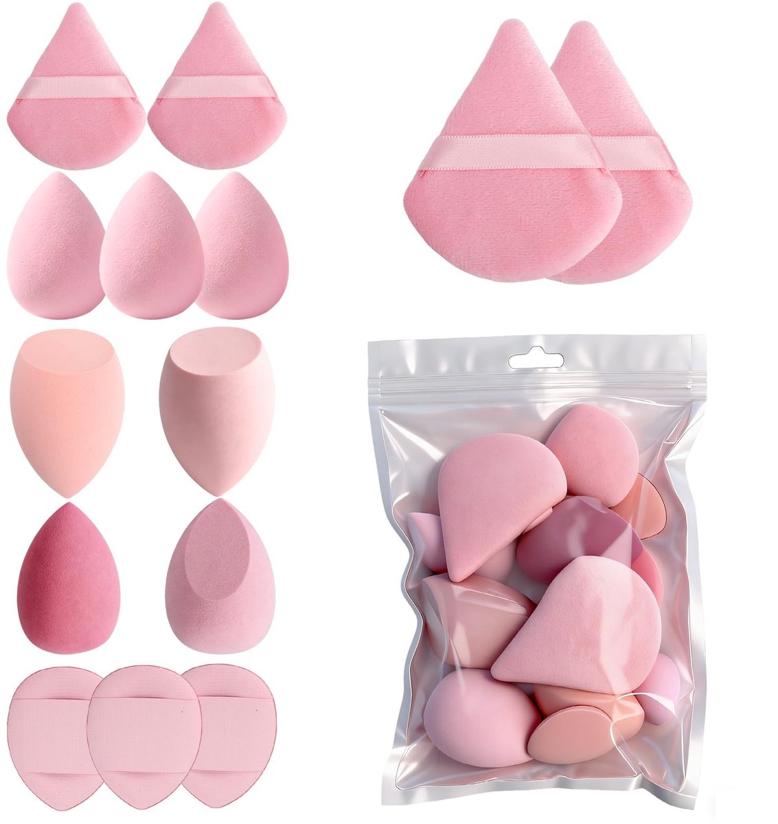 Dailygoods - 14 stuks make-upsponsset, make-up-ei & beautyspons voor vloeistof, foundation, crème en poeder, poederkwasten, cosmetica, make-upsponsset voor natuurlijke finish in roze