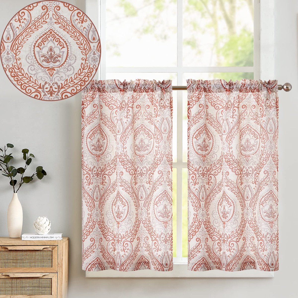 Vitrage, linnen, gordijn, vintage, bistrogordijn, landhuisstijl, bloemen, bedrukt gordijn, gebloemd, ondoorzichtig, voor keuken, woonkamer, landhuis, set van 2, rood op beige, 65 x 115 cm (b x