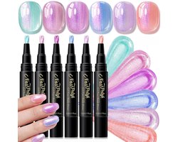 Nagellakpen - 6 stuks - 5ml - Nagel Art Pennen - Parelmoerglans kleurenserie - Nagellak op waterbasis - Cat Eye - Geen UV-lamp nodig - Glitterserie - DIY - Chique nagels - Nail Art penselen - Nagel Decoratie - Glitternagels - Nail Brush - Stijl A