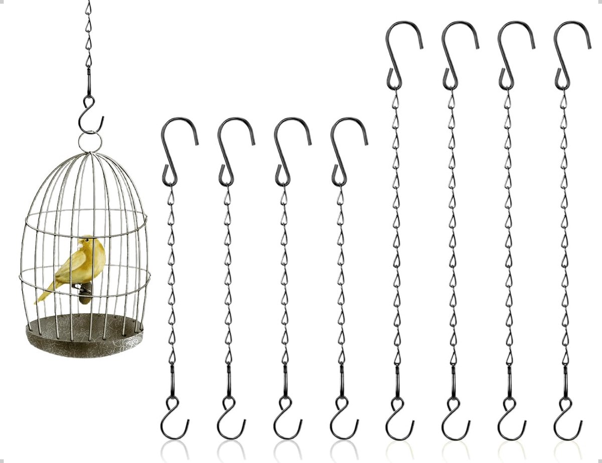8 stuks mandenkettingen, draadkettingen met haken, voor thuis, kantoor, vogelhuisje, bloembakken, lantaarns, reclameborden (zwart, 29 cm en 54 cm)