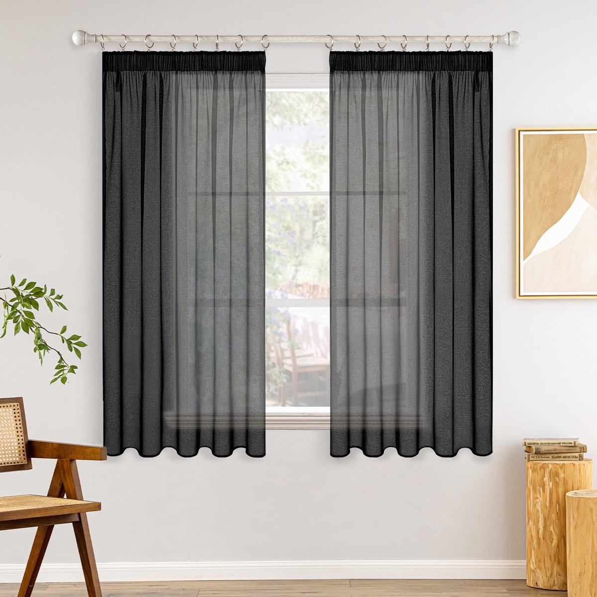 Gordijnen met plooiband, set van 2 gordijnen, vitrage, voile gordijnen, voor woonkamer, slaapkamer, transparant, zwart, 140 x 175 cm