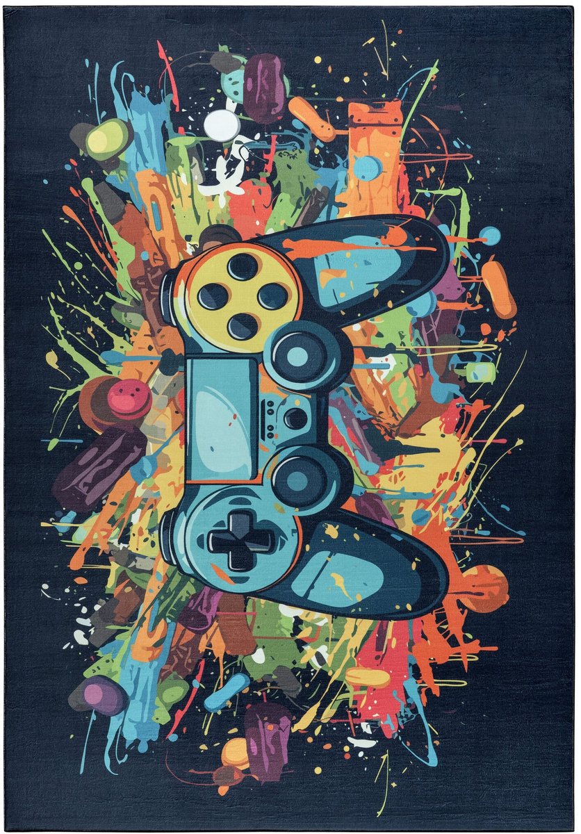 Kindervloerkleed Gaming Graffiti Blauw Multi Wasbaar Antislip- 60x180 CM