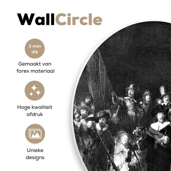 WallCircle® Wandcirkel 150x150 cm - Muurcirkel De Nachtwacht - Schilderij van Rembrandt van Rijn - zwart wit - Muurdecoratie woonkamer - Wanddecoratie slaapkamer - Kamer decoratie accessoires - Ronde schilderijen