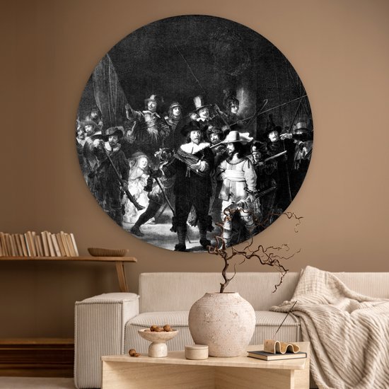 WallCircle® Wandcirkel 150x150 cm - Muurcirkel De Nachtwacht - Schilderij van Rembrandt van Rijn - zwart wit - Muurdecoratie woonkamer - Wanddecoratie slaapkamer - Kamer decoratie accessoires - Ronde schilderijen