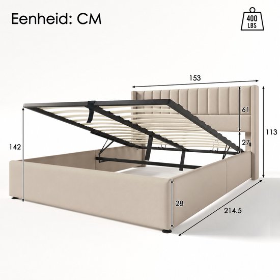 Technische tekening van een beige gestoffeerd bed met opklapbare lattenbodem en opbergruimte. Afmetingen zijn aangegeven in centimeters.