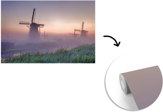 Brouillard aux moulins à vent hollandais de Kinderdijk lors d'un lever de soleil papier peint photo vinyle 360x240 cm - Tirage photo sur papier peint