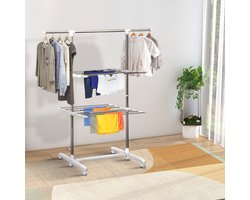 MEUNIQ Droogtoren verrijdbaar en inklapbaar 136,5 x 55 x 154 cm met 2 niveaus, verstelbare hoogte, zijvleugels en zwenkwielen voor binnen en buiten in zilver
