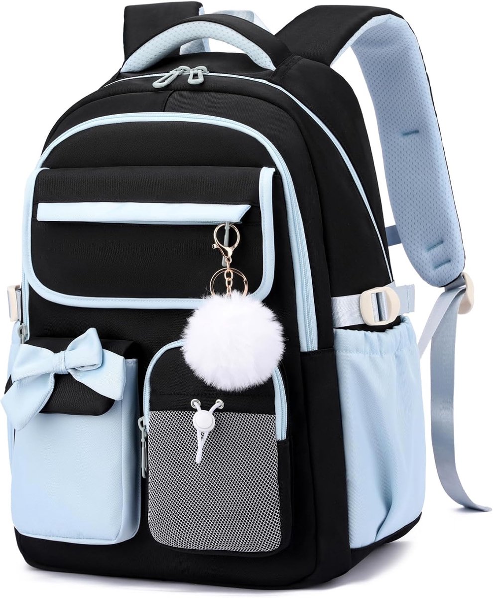 COOAU - Schattige Lichtblauwe Strik Meisjes Rugzak met Pluizige Pom Pom Sierhanger - Lichtgewicht Waterafstotende Nylon Schoolrugzak voor Tiener Meisjes - Grote Inhoud Meervaks Studententas voor Middelbare School