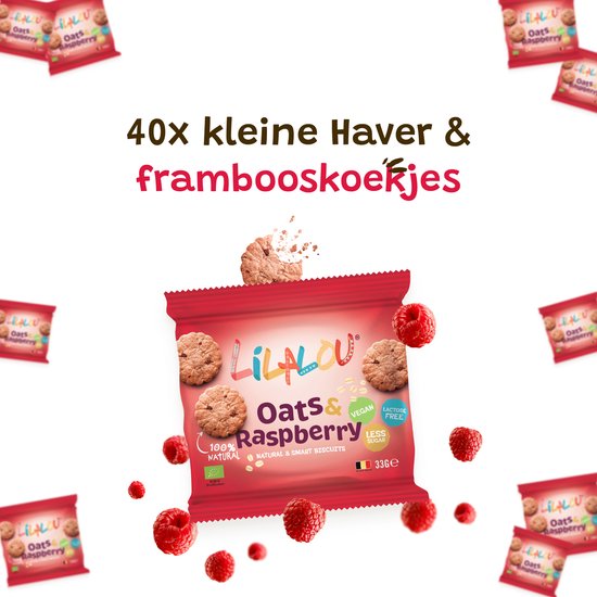Verschillende LilaLou 'Oats & Raspberry' koekjes verpakkingen en frambozen.