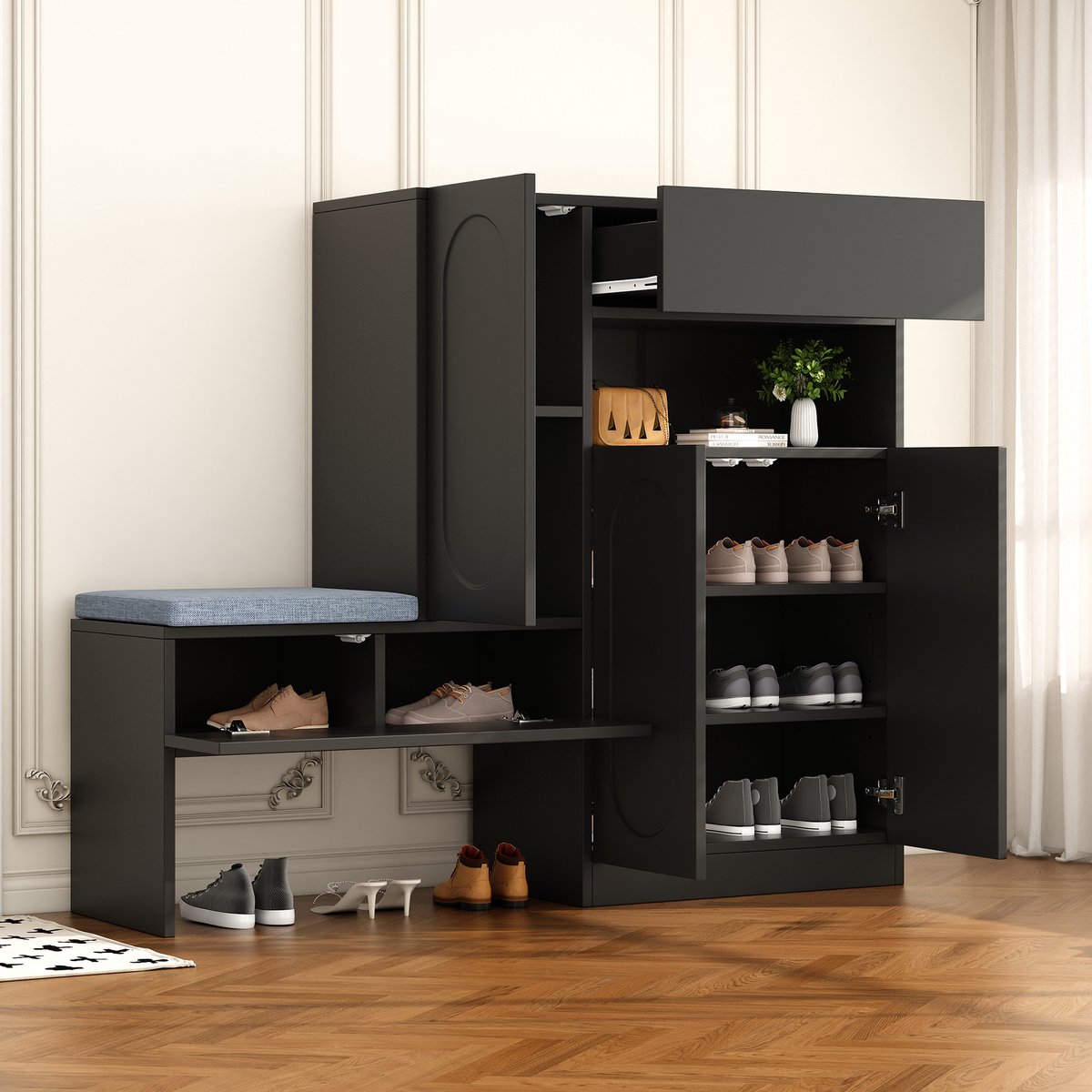 Schoenenbank - 130x35x110 cm zwart - 2-in-1 met soft-close klapdeuren - verstelbare planken