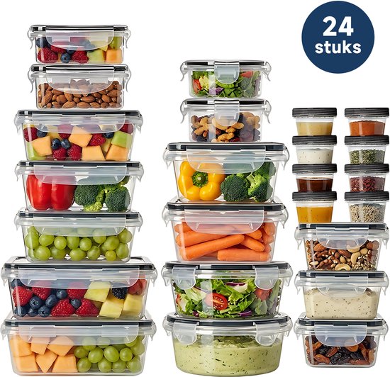 Une collection de 24 boîtes de conservation STOSH contenant divers aliments tels que des fruits, des légumes, des salades et des noix.