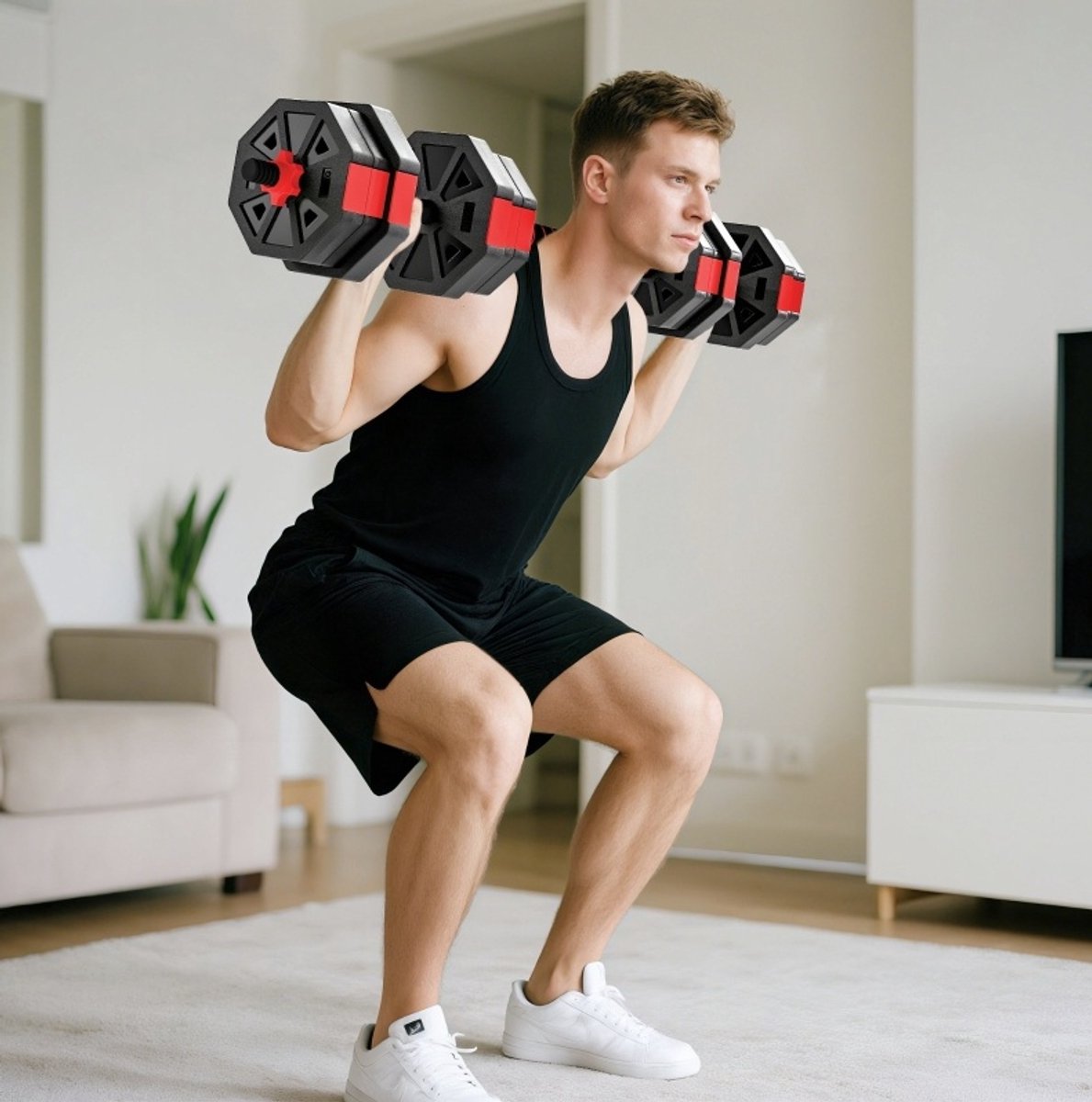 MEUNIQ 4-in-1 verstelbare halterset 20 kg met halter, dumbbell, kettlebell en push-up steunen, kunststof gewichtsplaten, voor krachttraining thuis, rood