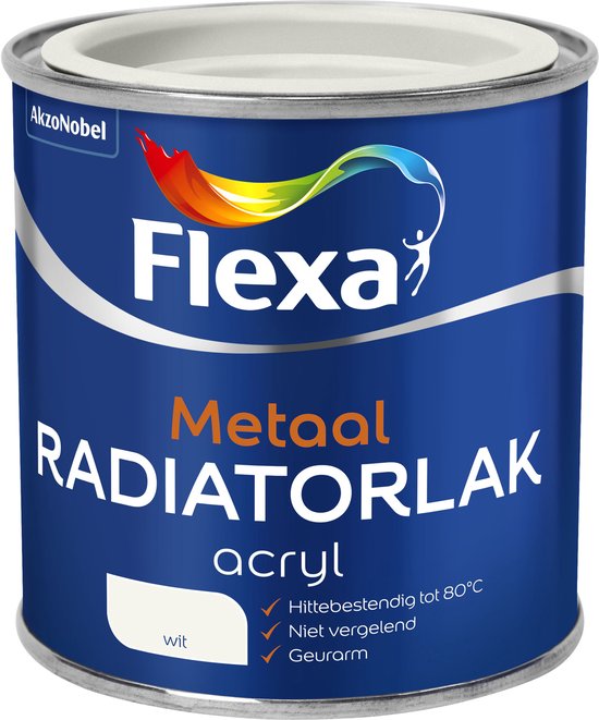 Blik Flexa metaal radiatorlak acryl wit. Met logo en tekst 'Flexa Metaal RADIATORLAK acryl wit'.