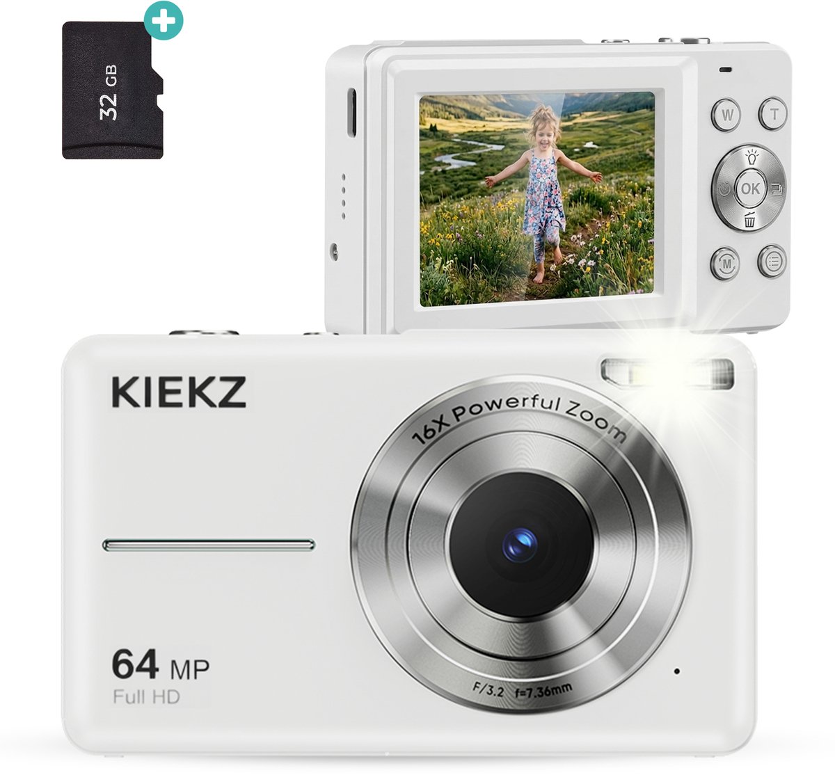 Kiekz Digitale Camera 64MP - Fotocamera Full HD - Mini Camera - Compact Camera - Fototoestel - Autofocus - Ideaal voor Kinderen en Beginners - Inclusief 32GB SD Kaart - Wit