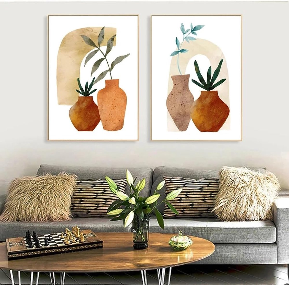 terracotta vaas canvas schilderij botanische bladeren muurkunst set van 3 Boho posters en prints vintage muurfoto's woondecoratie niet ingelijst - 16 x 20 inch x 3 — cadeau in Wonen & Interieur - foto 3