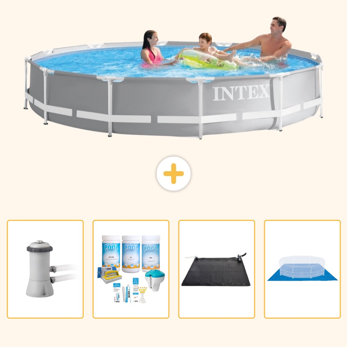 Intex Rond Prism Frame Zwembad - 366 x 76 cm - Grijs - Inclusief Pomp - Onderhoudspakket - Solar Mat - Grondzeil - 5-delig