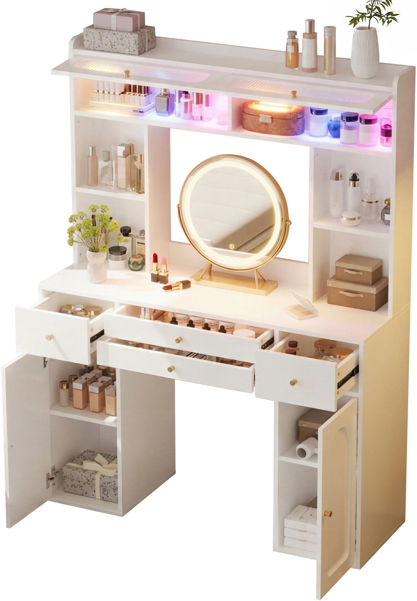 Kaptafel met led spiegel - Make-up tafel met verlichting - Witte kaptafel slaapkamer - Kaptafel met lades - Bluetooth led - 4 Lades - Glazen deuren - Slaapkamer - 120x40x160 cm - Zonder kruk - Wit