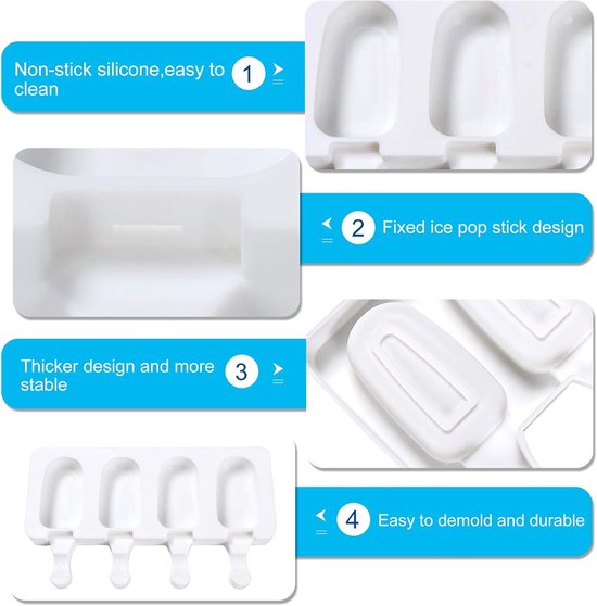 Vormen Siliconen Ijsvorm,ijslollyvormen,cakesicles siliconenvorm,Ijs Mould Silicone Ice Cream Mould Pop Ice Lolly Mold Maker met 100 Houten Sticks,ijsvormer herbruikbaar,DIY Popsicle Mallen Set — afbeelding 4