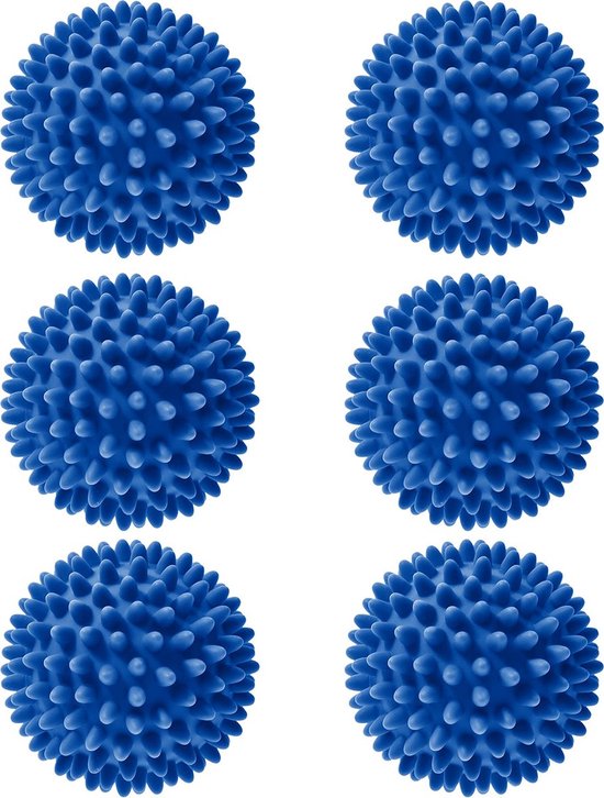 Six boules de séchage bleues et hérissées, disposées en trois rangées de deux.