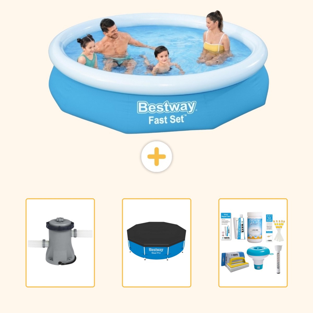 Bestway Rond Opblaasbaar Fast Set Zwembad - 305 x 66 cm - Blauw - Inclusief Pomp - Afdekzeil - Onderhoudspakket - 4-delig