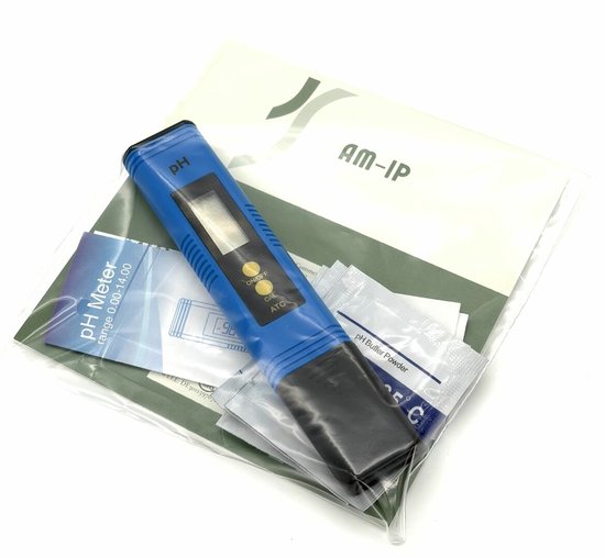 Blauwe digitale pH-meter met handleidingen en kalibratiepoeder in een plastic verpakking.