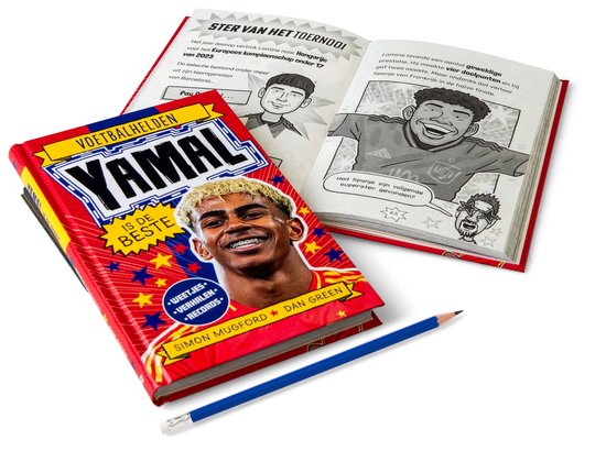 Boek "Voetbalhelden Yamal is de beste" open met tekeningen en een foto van Lamine Yamal.