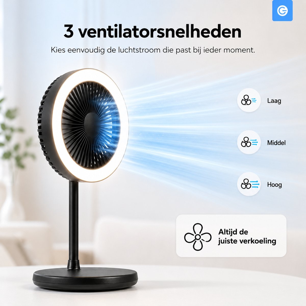 Tafelventilator met LED Licht - Bureauventilator met Verlichting - 3 Snelheden - Statief Ventilator met Flexibele Kop - Fan with LED Light - Mini Fan - Ventilator Staand met Draad - Desk Ventilator - Kleine Airco Verkoeler - Zwart - Sivlergear — afbeelding 4