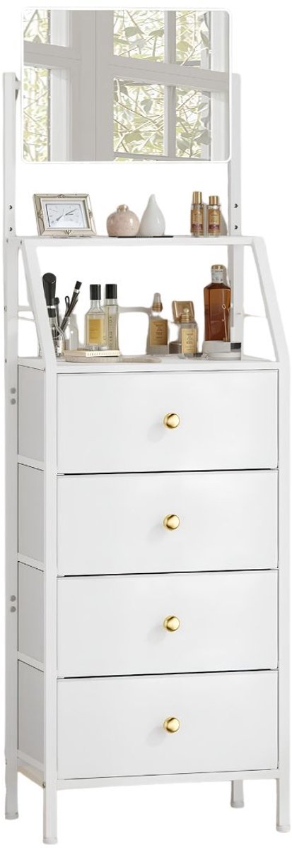SP® Ladenkast - 4 stoffen lades - Hoge ladekast met verstelbare spiegel - Kast voor slaapkamer, hal of woonkamer - Wit - 28cm x 39cm x 147cm